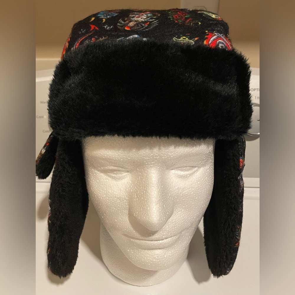 NWT Ed Hardy Flux Fur Lined Black Trapper Hat  One Size
